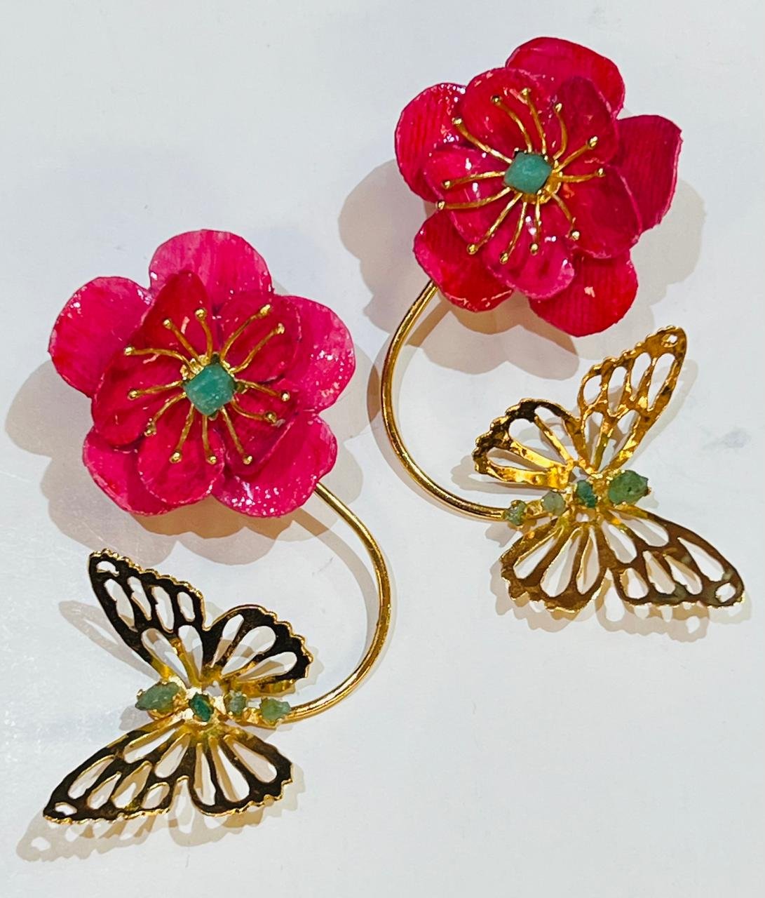 Aretes Flor Rosada y Mariposa